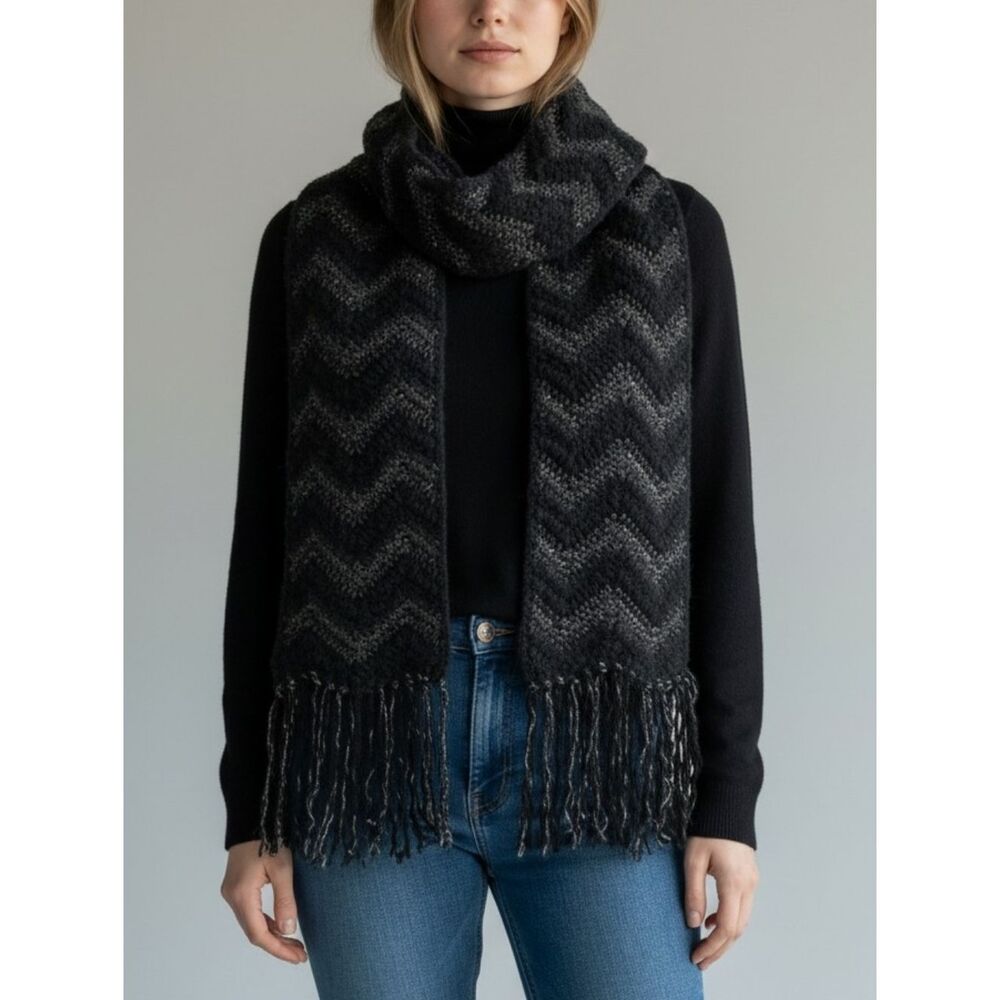 Vintage Black Chevron Chenille And Rayon Knit Scarf